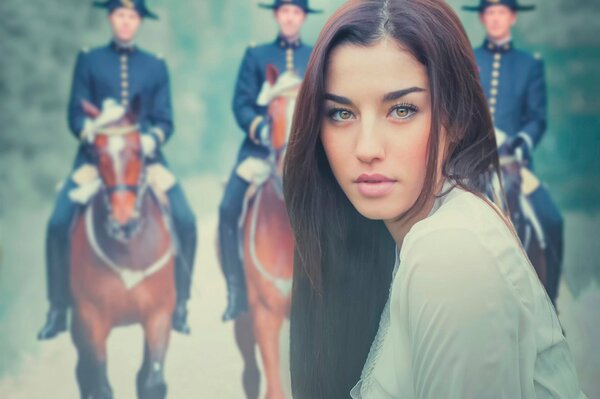 Portrait d une jeune fille sur fond de soldats à cheval