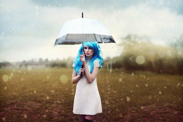 A girl with blue hair under an umbrella