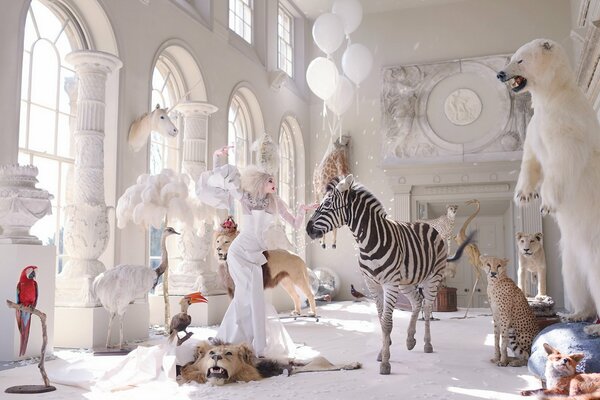 Chica en el Museo de mascotas toca a los animales