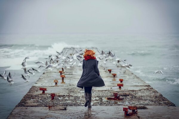 Pier on the ocean with seagulls landscape