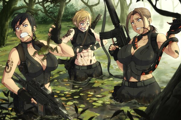 Anime girls with machine guns in the swamp