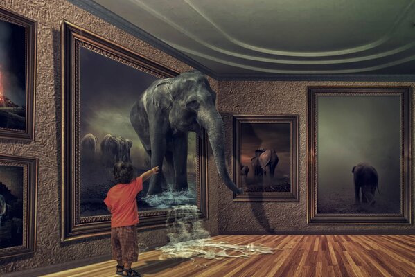 The elephant came to life in the painting and got off it