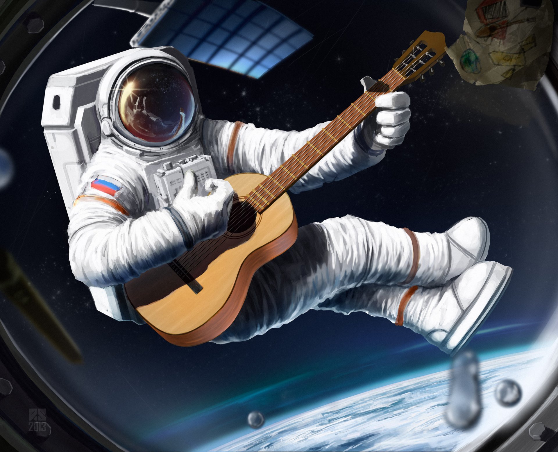 arte espacio astronauta nave guitarra ojo de buey traje espacial casco