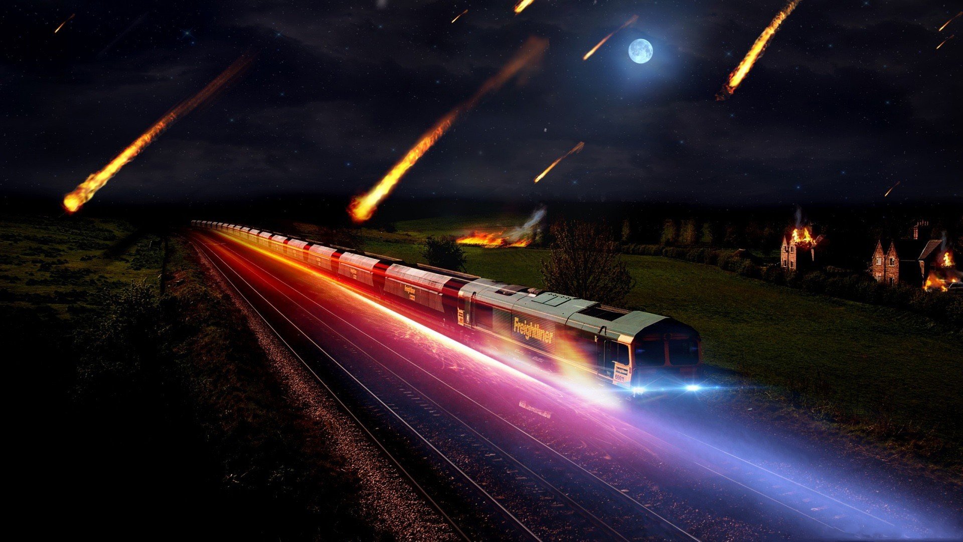 train meteorite night lights radiance