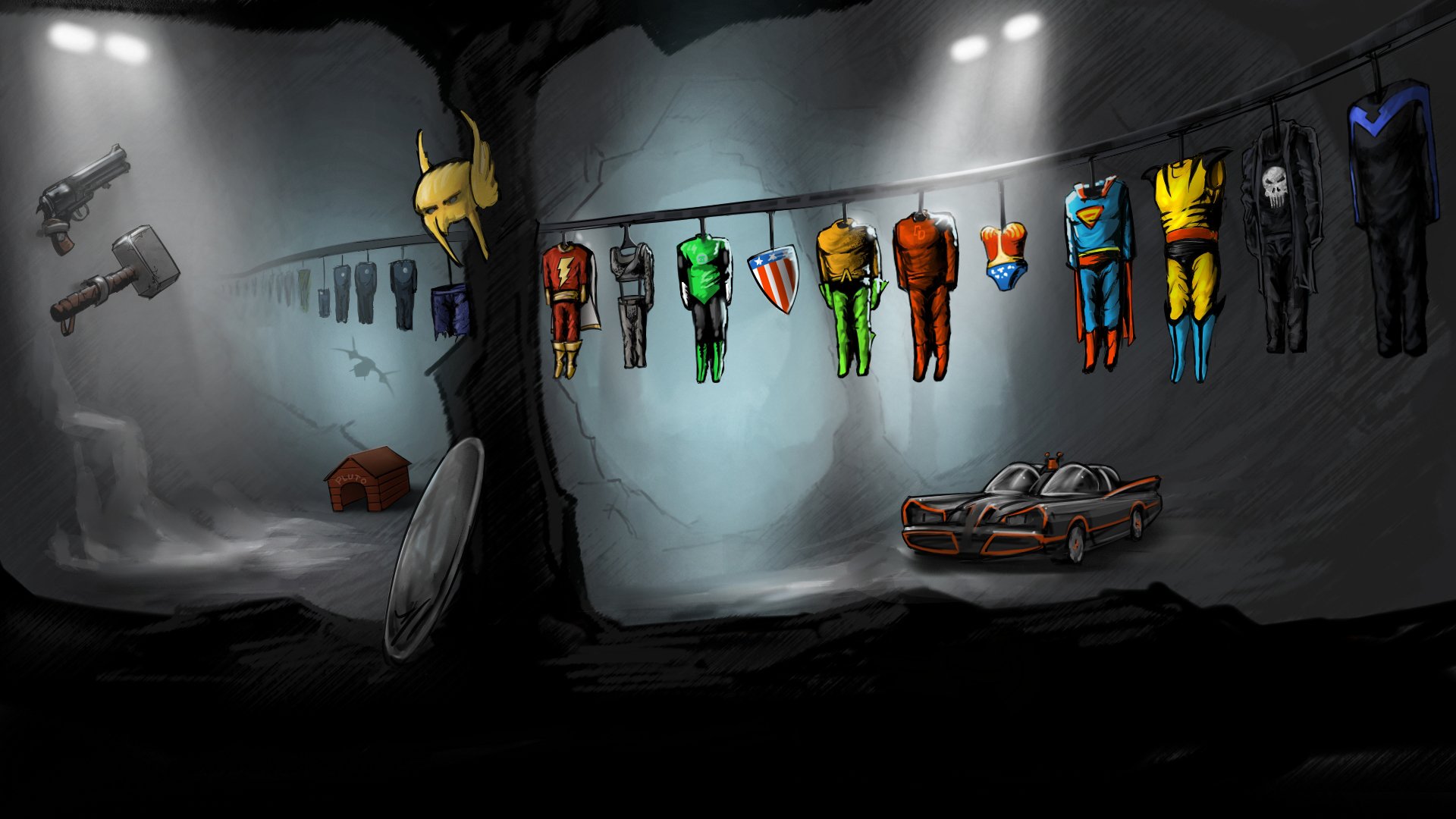 parody cave hiding place of superheroes batmobile costumes flash green lantern captain american batman marvel thor hammer shield revolver hellboy helmet wolverine wonder woman pluto disney superman punisher dark horse comic