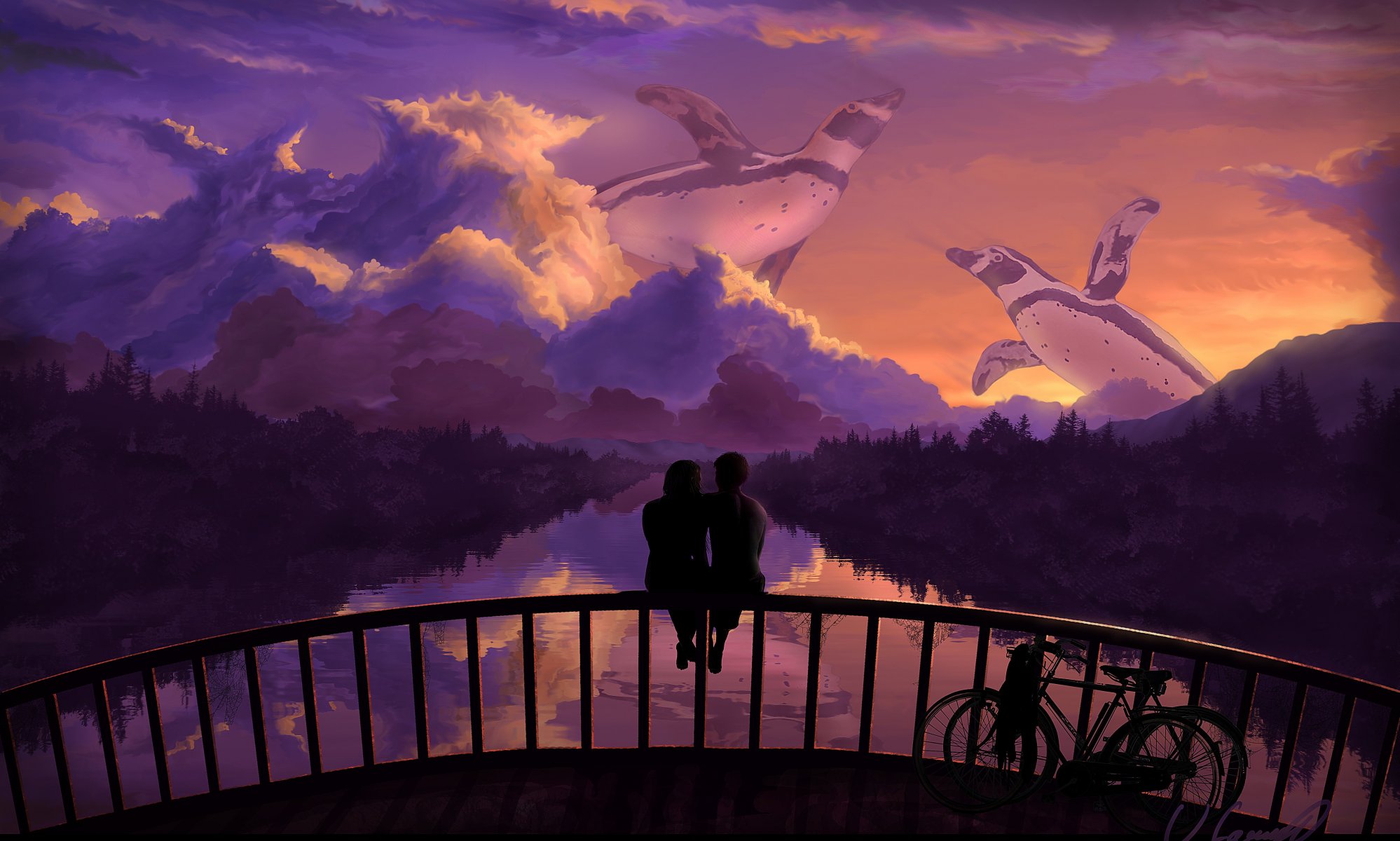 arte amore coppia romanticismo ponte tramonto bicicletta fiume riflessione alberi cielo pinguini