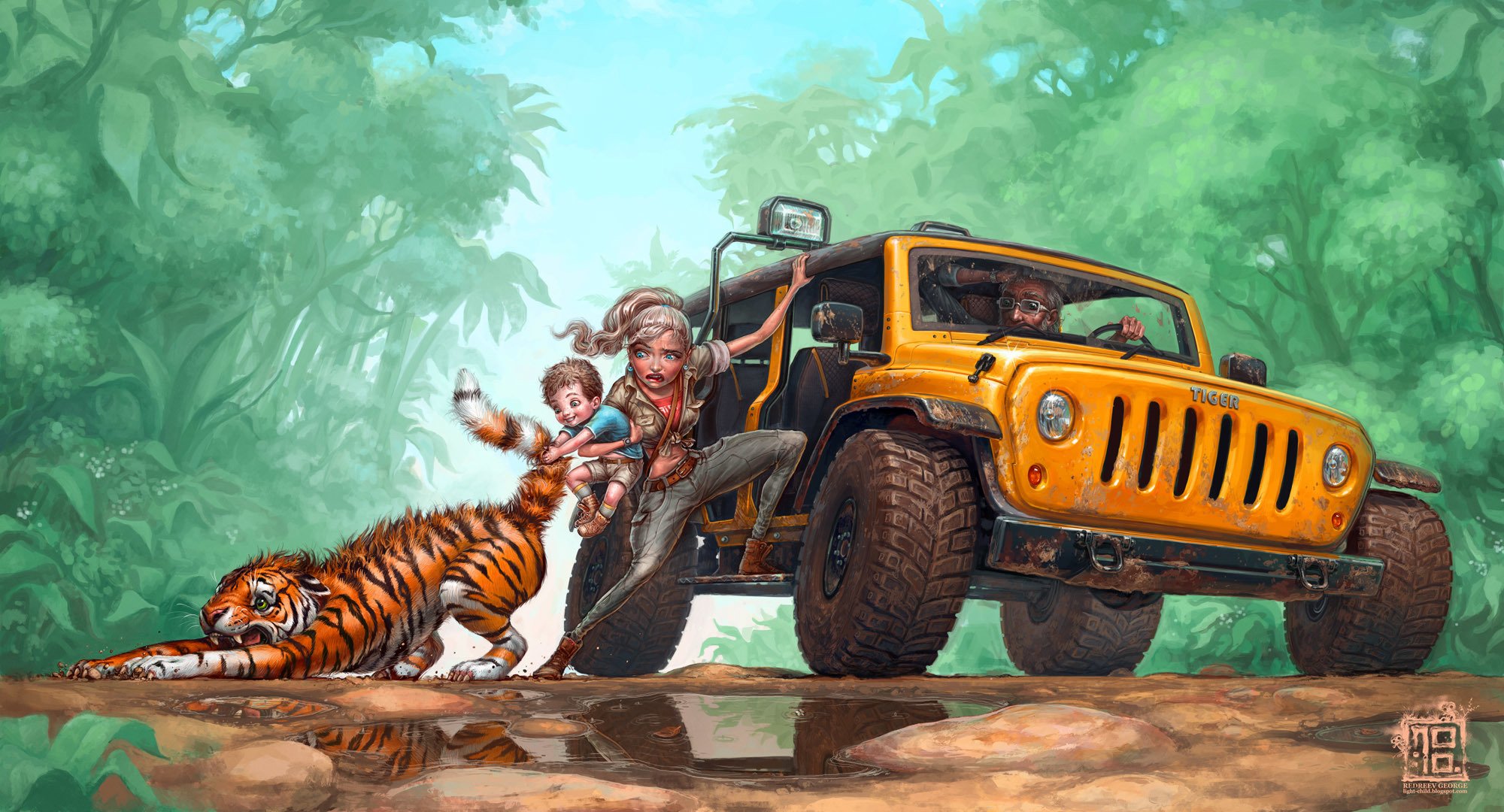 arte redreevgeorge jeep familia niño cachorro de tigre tierg tira selva charcos carretera