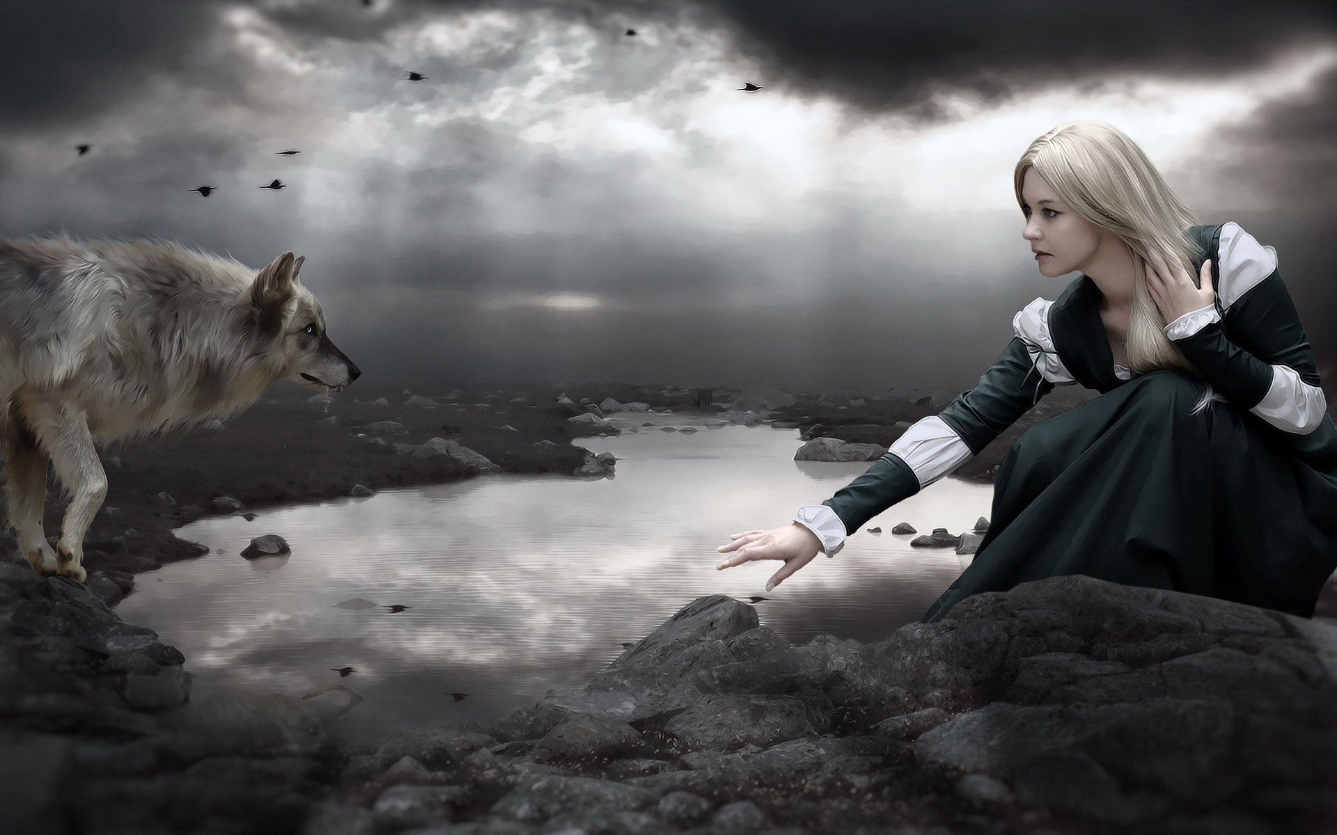 le loup dark jeune fille lac photomanipulation