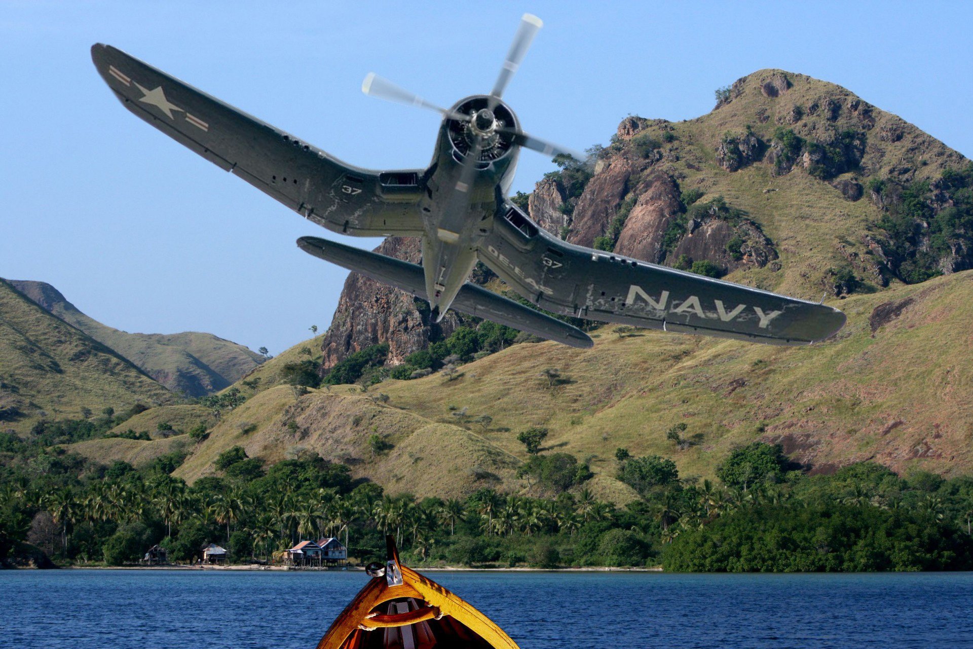 arte avión luchador f4u pájaro jaula costa barco maniobra pacífico teatro militar acción collage ww2