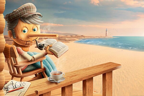 Pinocchio in riva al mare beve il tè