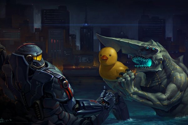 Monster gives duck to robot in art style