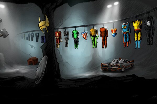 Caricature of superhero characters in a cave