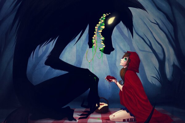 Animation du petit Chaperon rouge. Fille nourrit le monstre