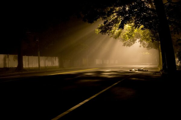 Die nächtliche Straße ist von Nebel bedeckt