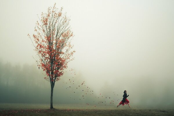 Ragazza e autunno albero e foglie