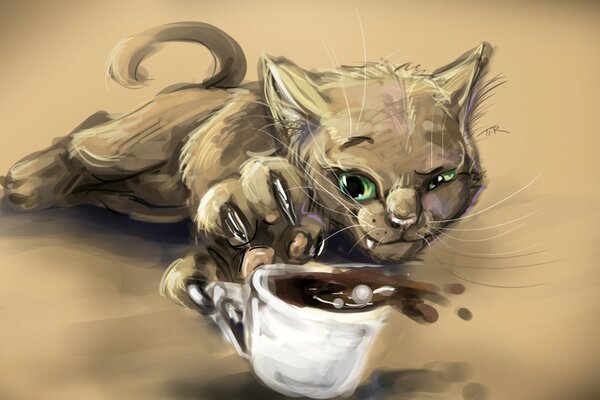 Drawing of a kitten playing with a cup