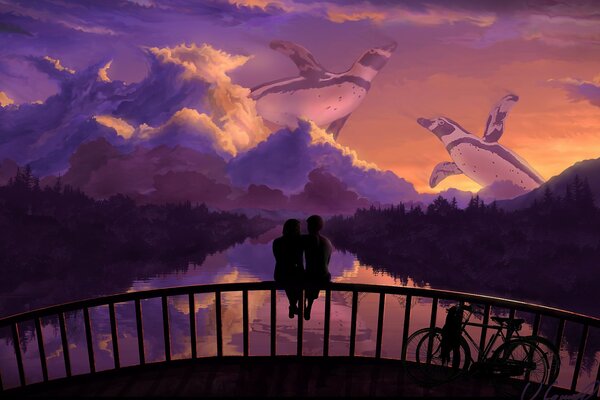 A couple in love is sitting on the railing of the bridge, admiring the lilac sunset with flying turtles