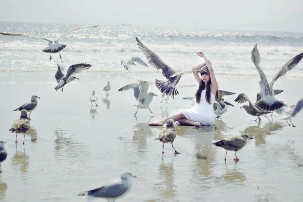 Chica sentada en la playa junto al mar con un montón de gaviotas