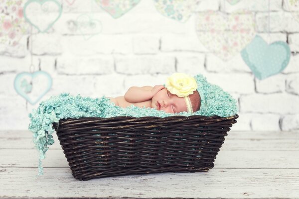 Das Baby schläft in einem Korb. Foto-Shooting