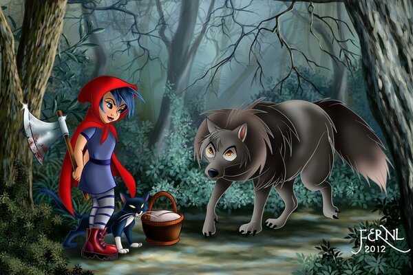 Art little red riding hood basket and wolf