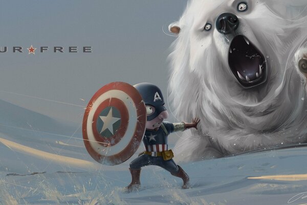 Captain America mit Schild und Eisbär