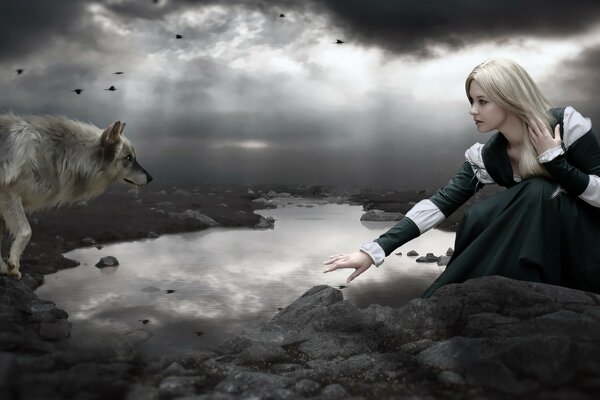 Girl and folk on a dark lake