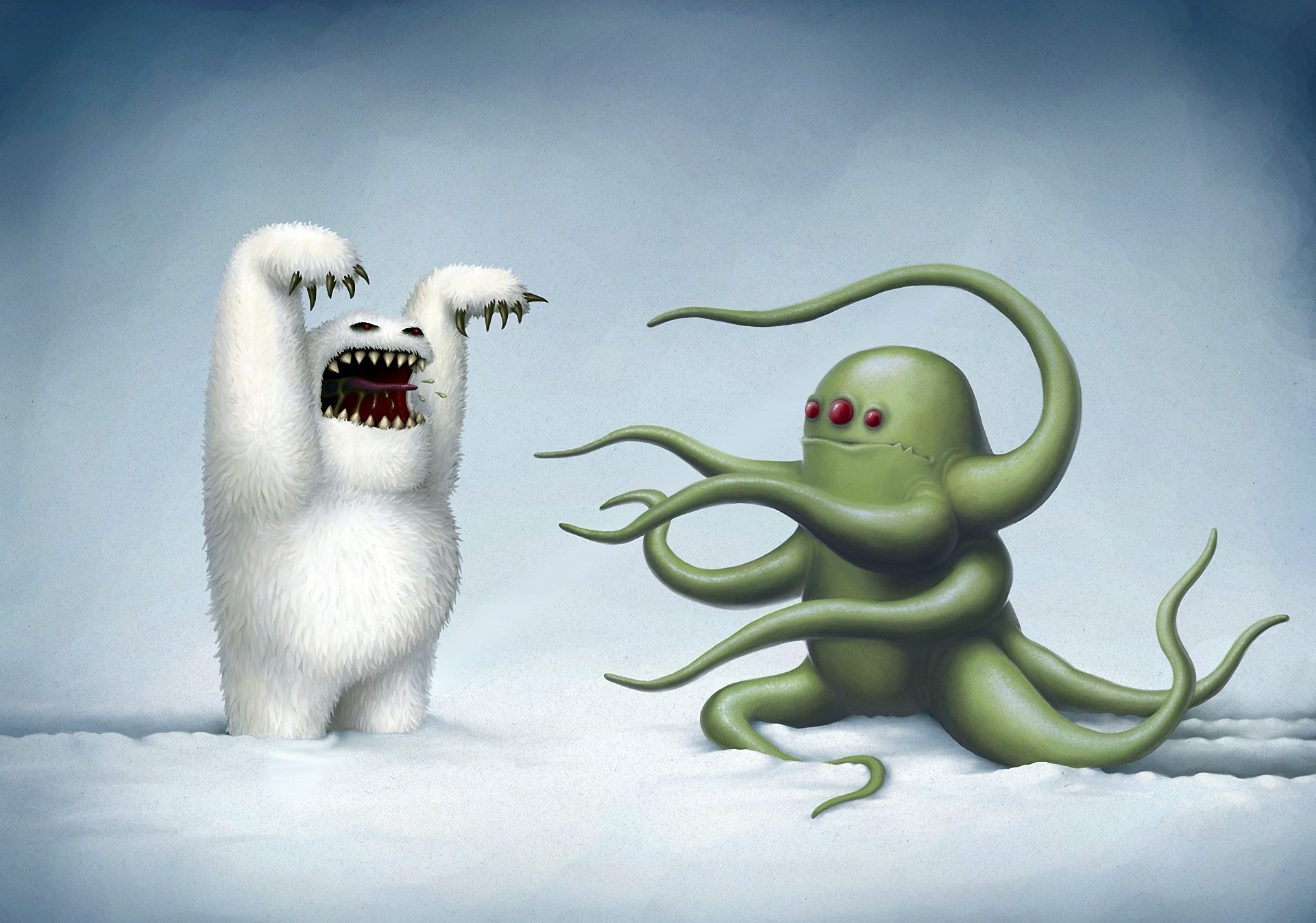 zeichnung rob sheridan monster schnee winter oktopus yeti drei augen erschrecken schwarzer humor