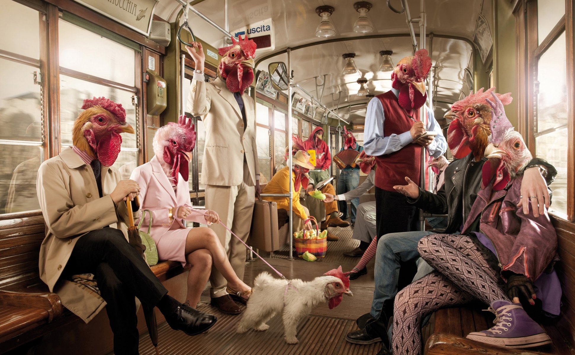 métro voiture poulet coq gens rendu