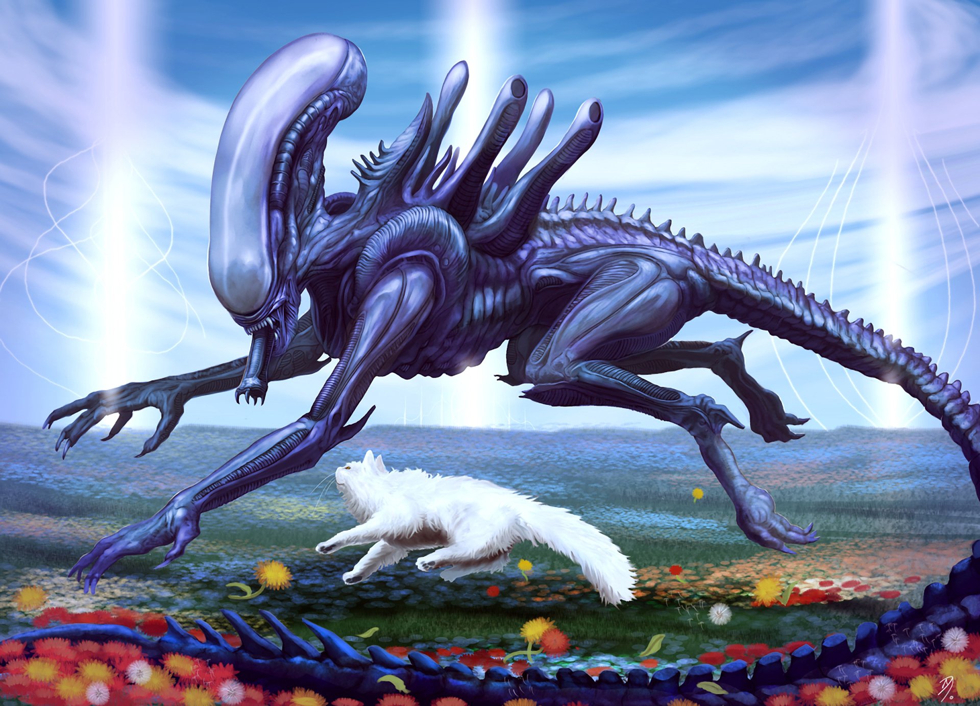 alien alien xenomorph cat flowers clearing running friend