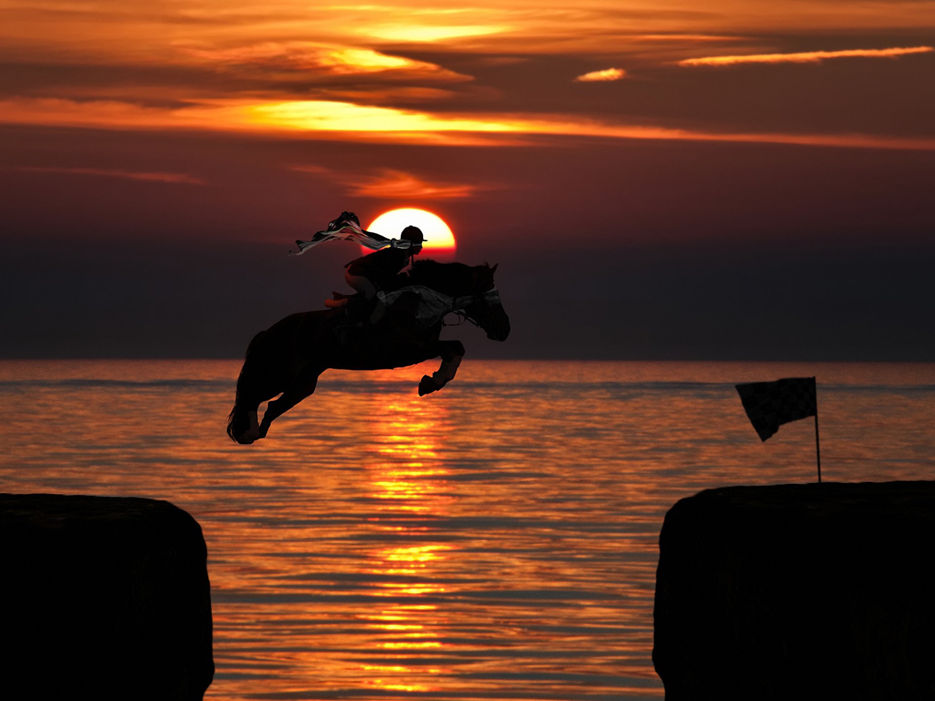 cavaliere cavallo salto sole tramonto oceano