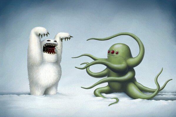 Funny monsters are hooligans on a winter walk