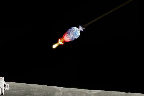 An astronaut on the moon watches a meteor