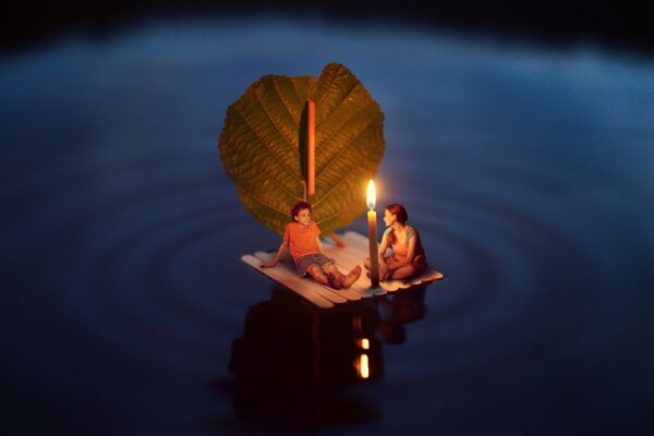 Two are sailing on a raft under a sail made of a leaf