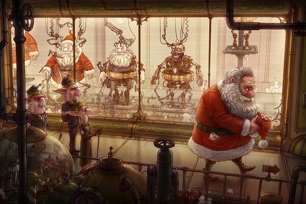 Arte di Michael Dziekan Babbo Natale e gli Elfi in fabbrica