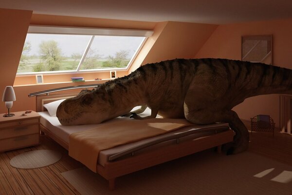 A huge dinosaur resting on a bed in a peach-colored room in the attic