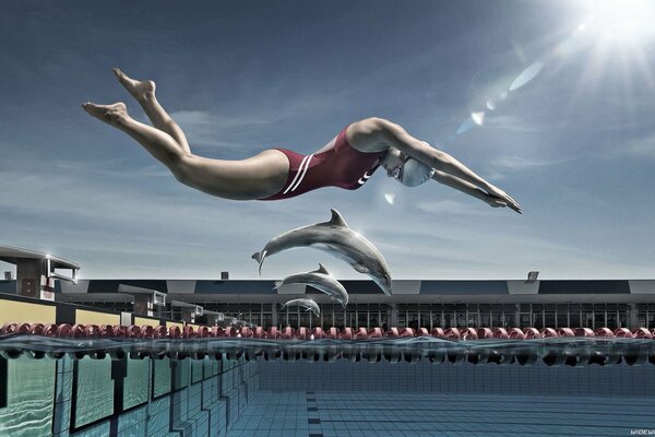 A swimmer girl and dolphins dive into the pool