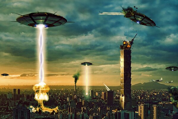 Science fiction UFO invasion of a major city