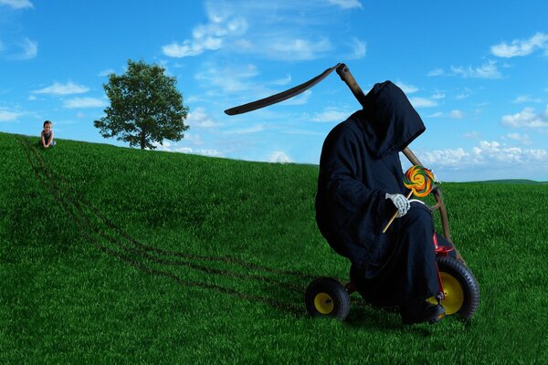 Death with a scythe on a bicycle