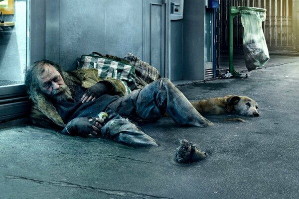 Homeless man with dog drowning in asphalt