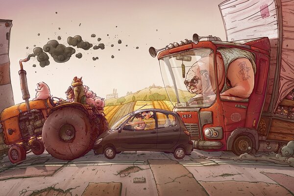 There is only one pigsty or a traffic jam on the road