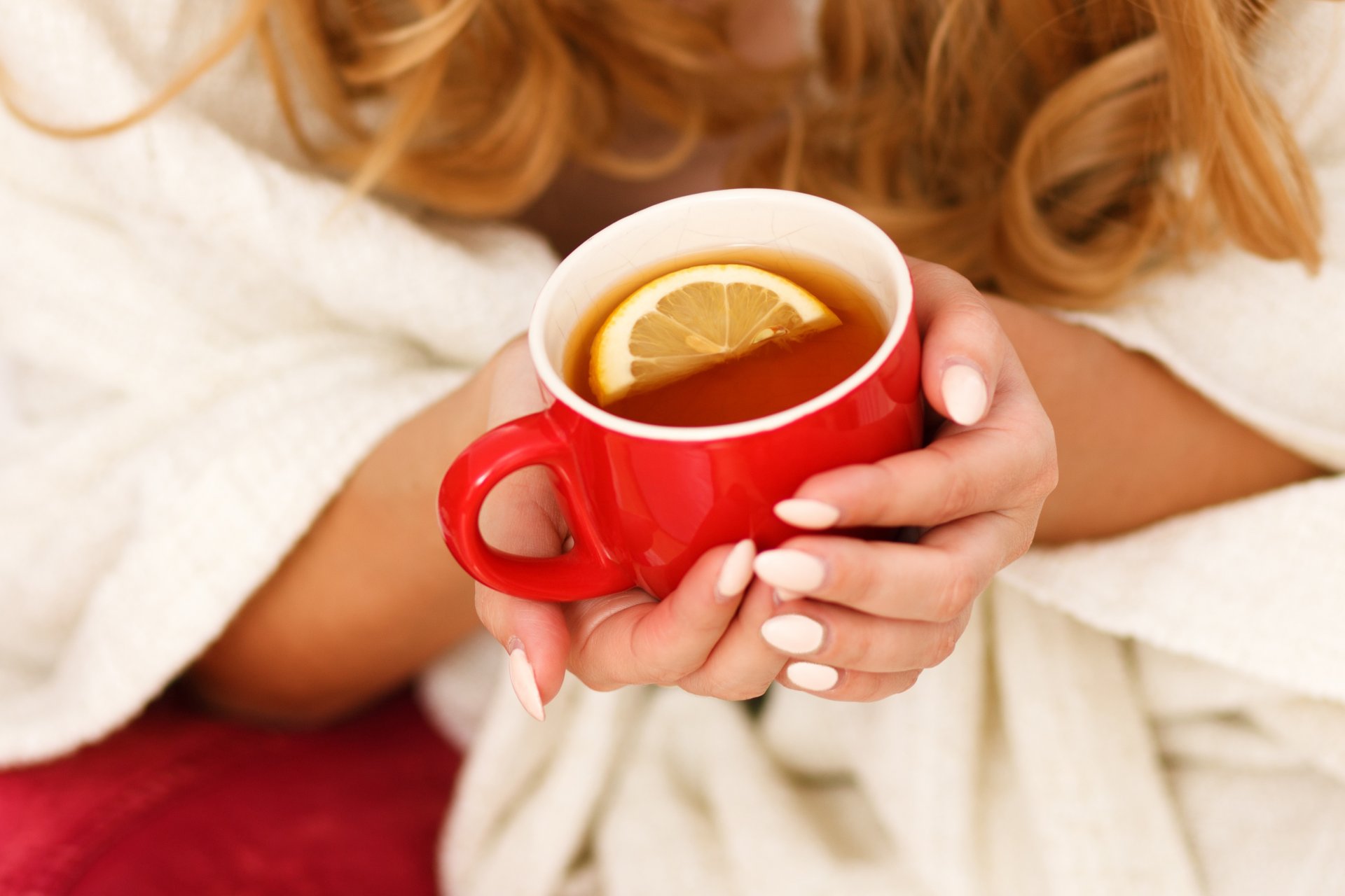 umore mattina mattina bello mani tenere rosso tazza tè limone calore riposo relax buona idea positivo sfondo sfocatura bokeh carta da parati