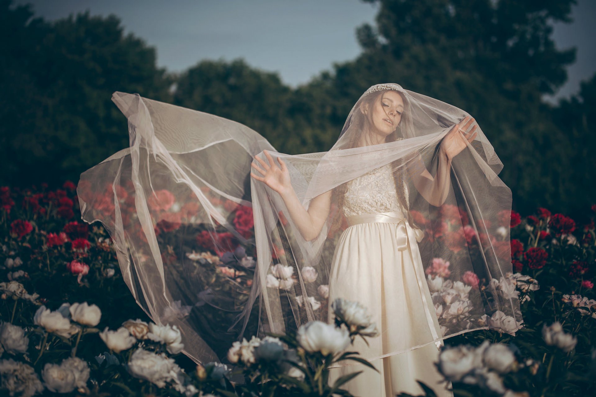 novia vestido de novia velo humor flores peonías