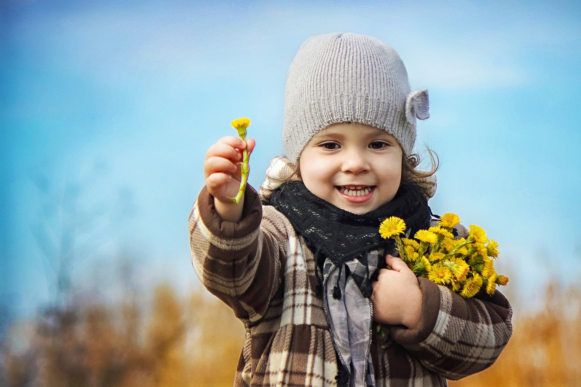 girl children nature spring bouquet flower mother and stepmother