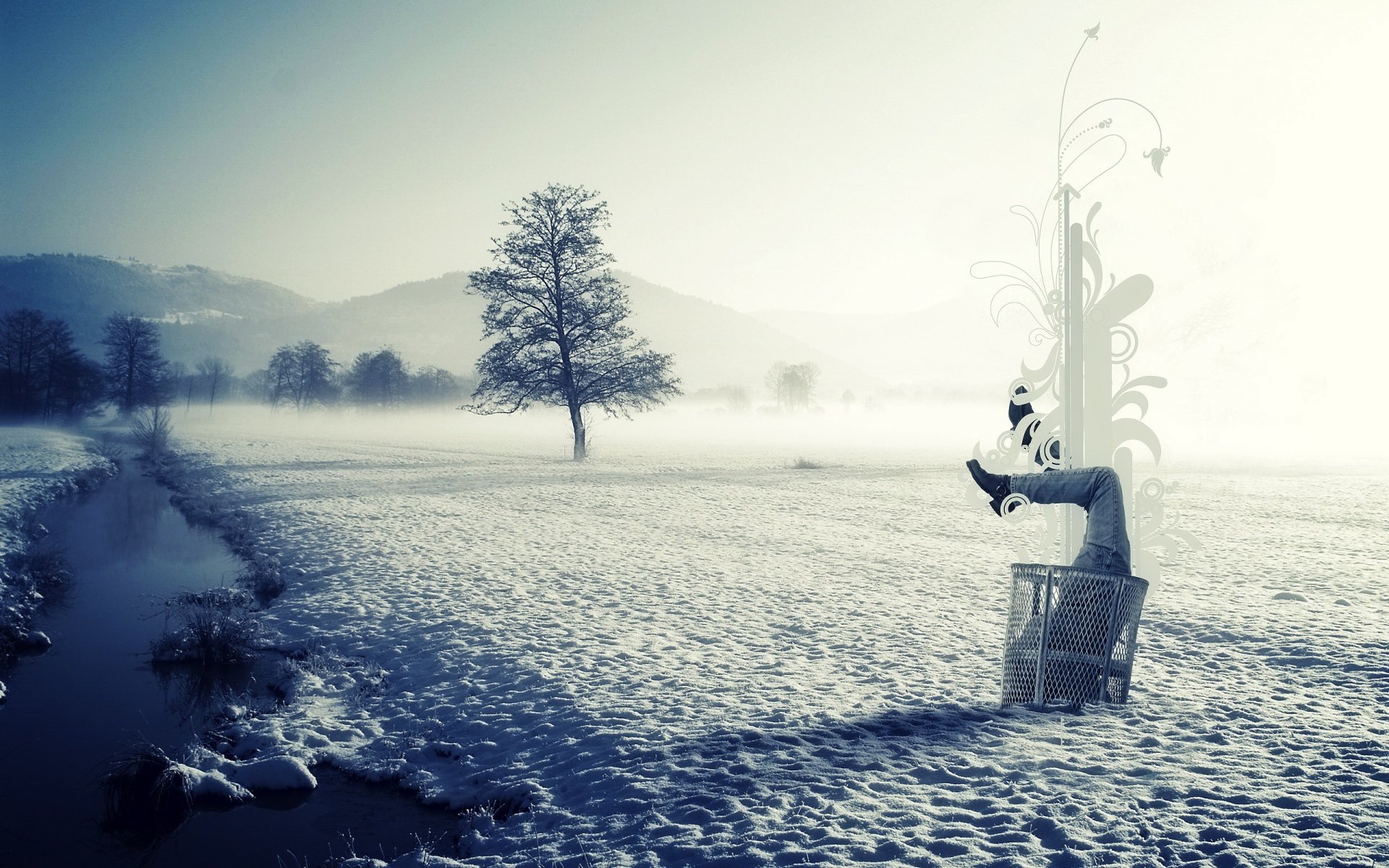 in un cumulo di neve nella neve metà gamba busto neve inverno fiume ghiaccio stile nebbia cestino spazzatura purezza natura paesaggio