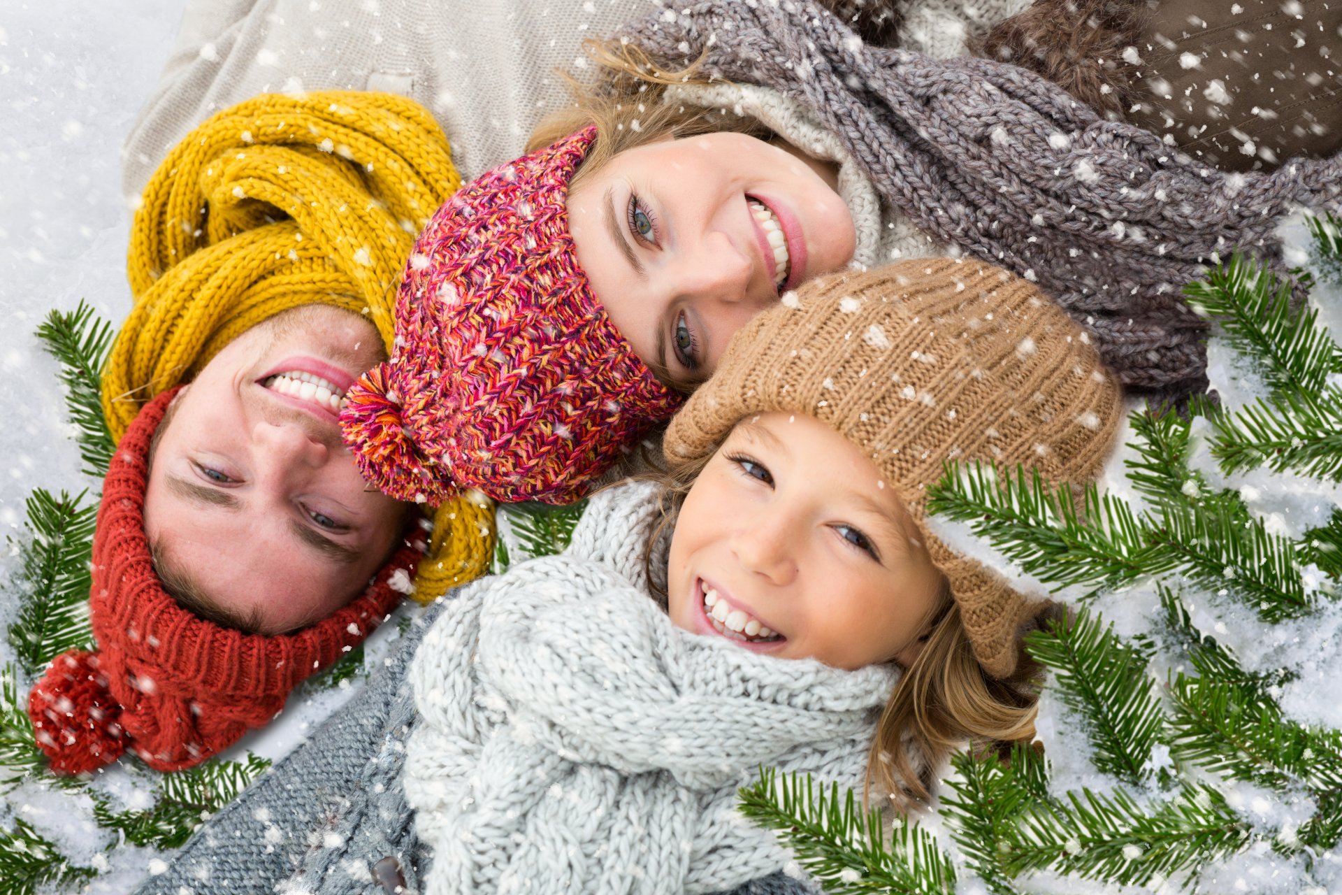 new year holiday family winter snow spruce branches smile