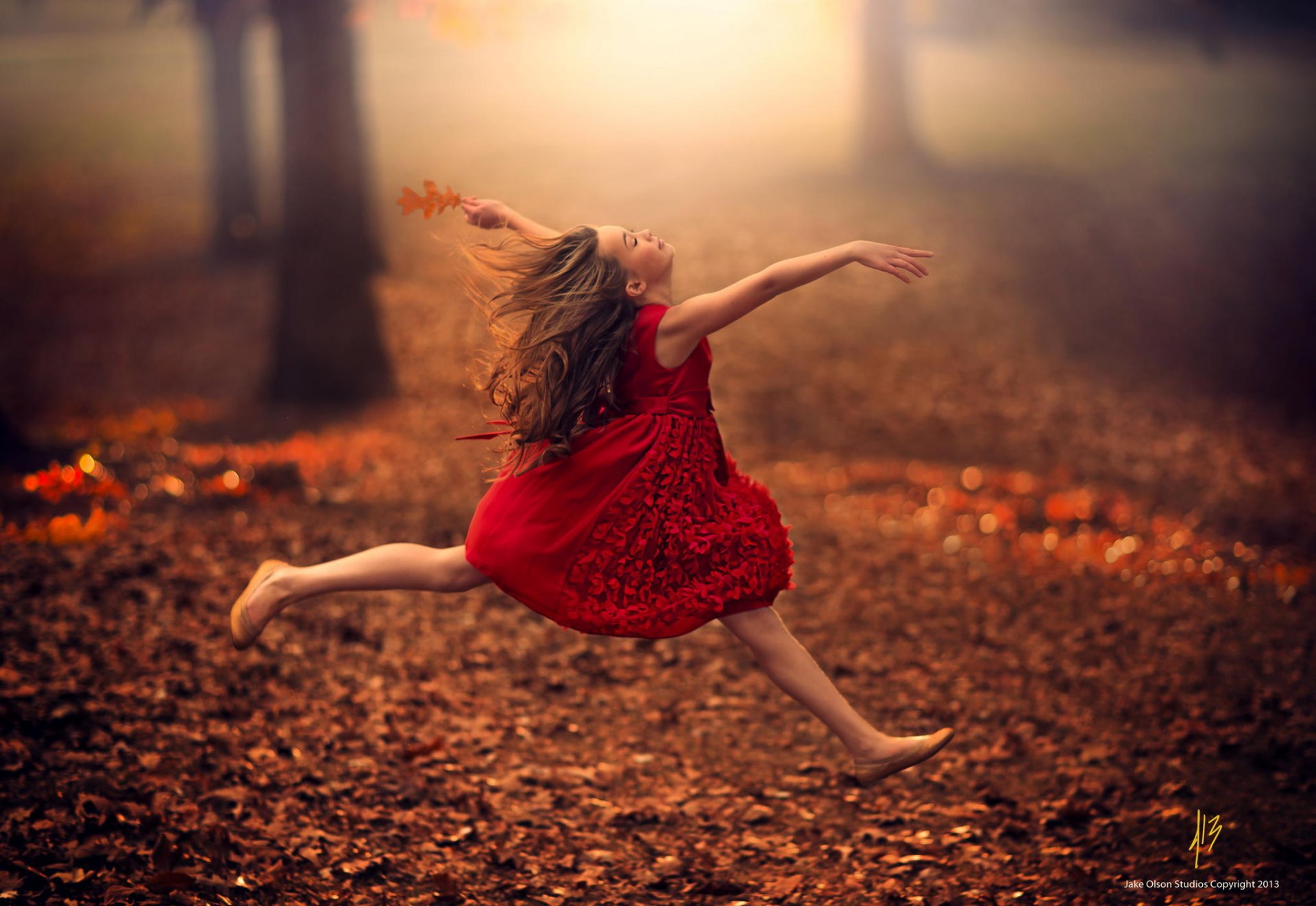 autumn girl child jump dress freedom road girl autumn jump dance leaves red dress ballet flats fairy elf