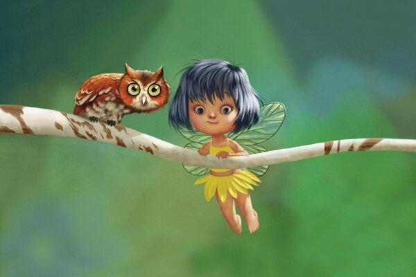 Cartoon girl with wings and an owl