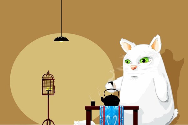 Le monstre, le chat blanc infuser le café