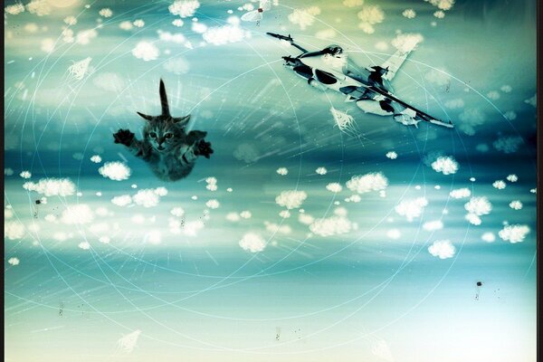 Kitten flying in the clouds with butterflies