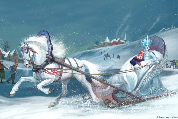 Kai and the snow queen in a sleigh